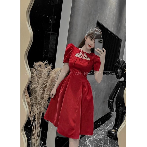 Đầm váy thời trang nữ mặc đi chơi chất nhung cao cấp tay búp cổ cột dây tàu có mút xoè xếp ly