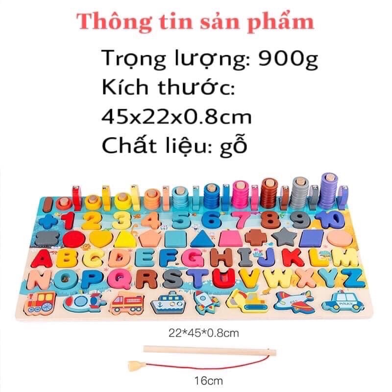 Bộ ghép chữ, số , hình thông minh kiêm câu cá bằng gỗ