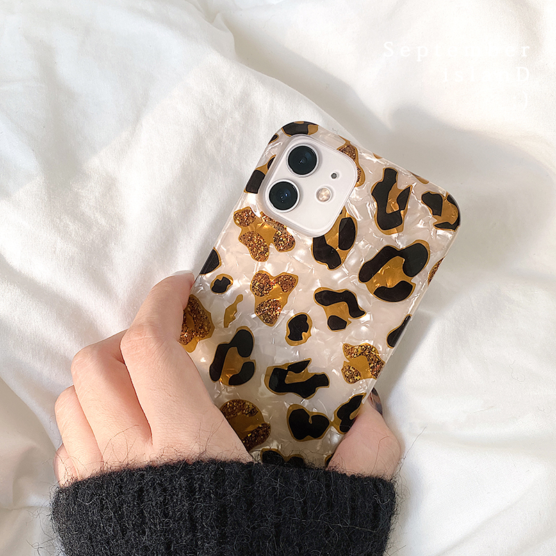Light luxury pearl glitter yellow leopard print phone case for iphone 14 13 12 pro max 7plus xr 11 mini