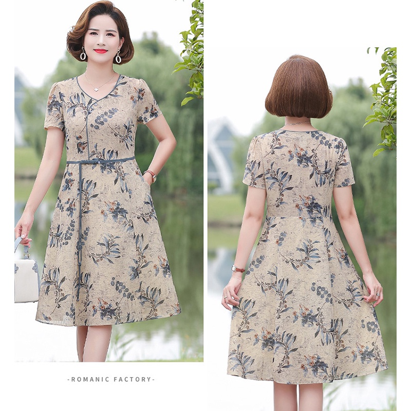 Đầm Tay Ngắn Cổ Chữ V In Họa Tiết Thời Trang Mùa Hè Cho Phụ Nữ Trung Niên 50 Tuổi