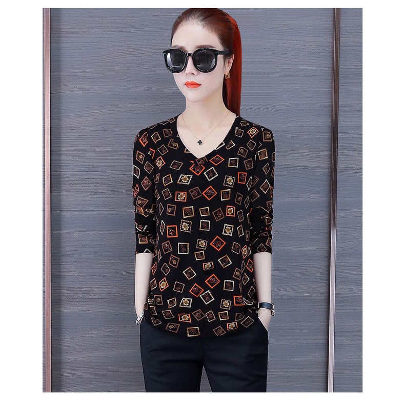 Áo Thun Nữ Tay Dài Cổ Chữ V In Họa Tiết Phong Cách Phương Tây Thời Trang Mùa Thu Mới