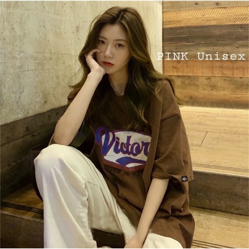 Áo thun phông logo tay nam nữ PINK tay lỡ form rộng VICTORY Unisex
