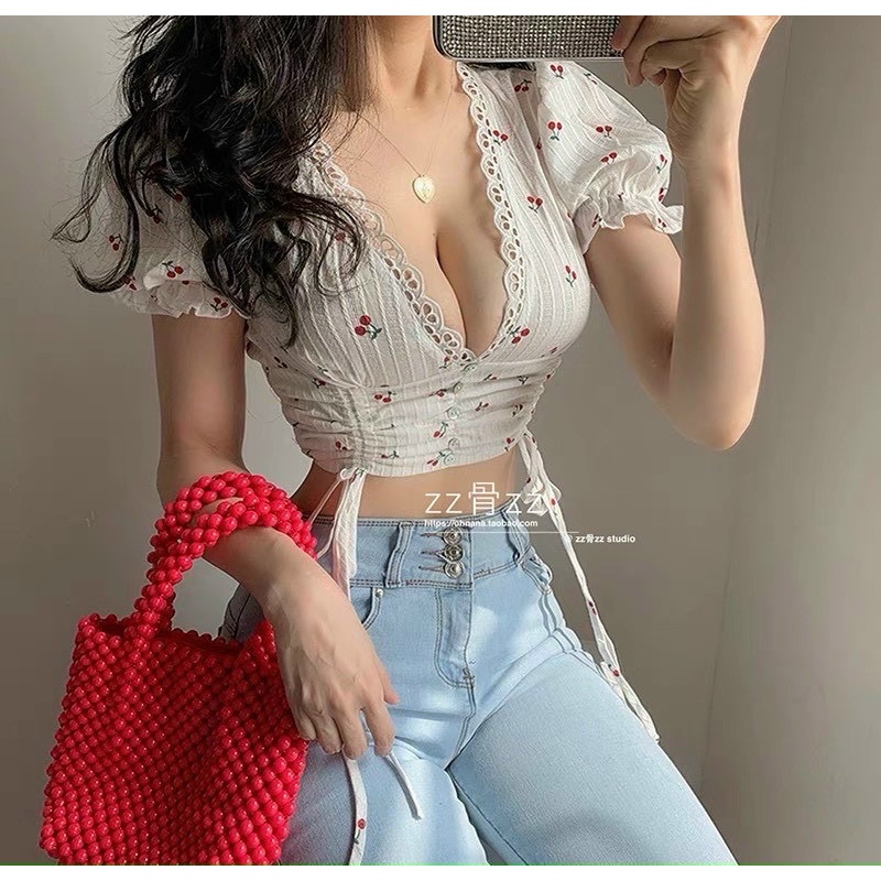 Áo kiểu croptop tay ngắn rút dây viền ren hoạ tiết Cherry nhí xinh xắn, áo crt - Mã: 772 TV-FASHION