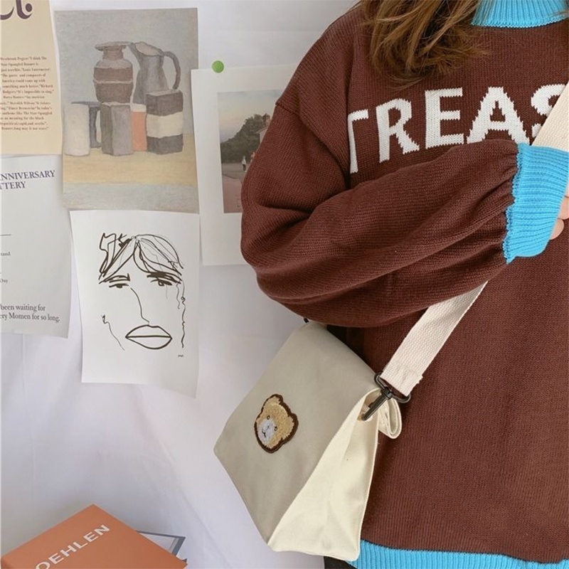 Túi canvas đeo chéo họa tiết gấu nhỏ dễ thương cho nữ