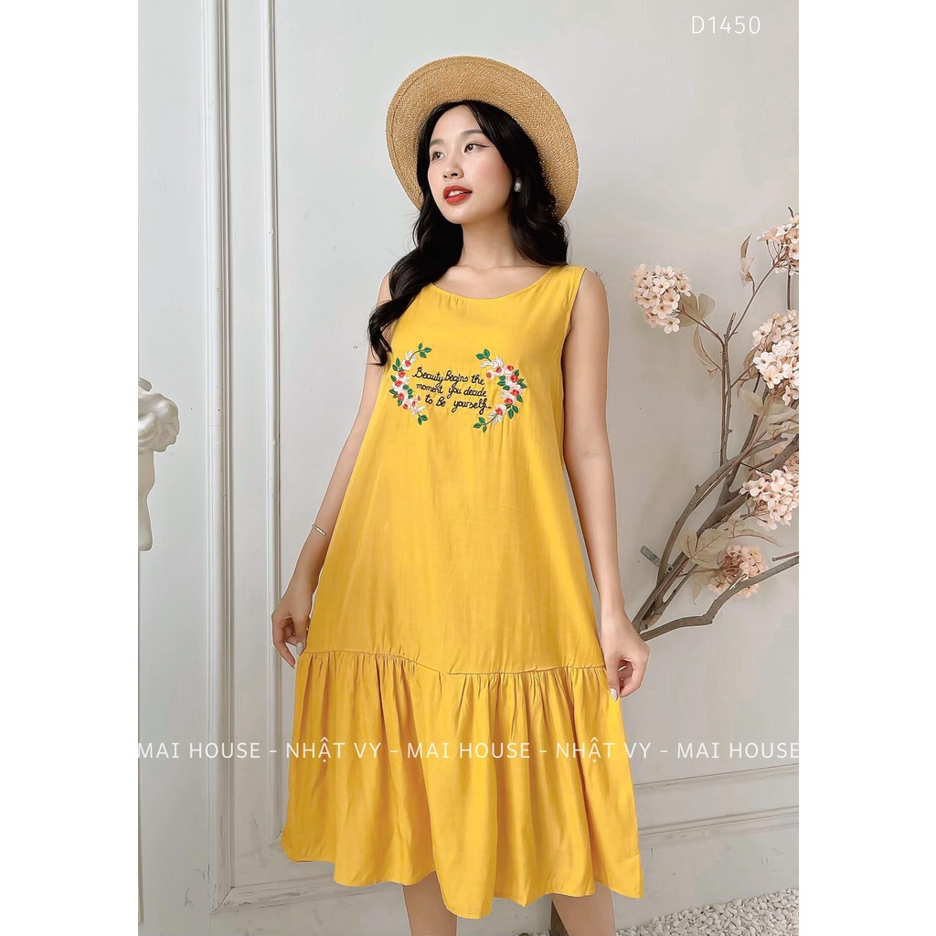 Đầm Đi Chơi NHẬT VY Sát Nách Thêu Chữ Dáng Suông Đuôi Cá Chất Vải Tơ Xước Màu Vàng, Trắng - D1450 | BigBuy360 - bigbuy360.vn