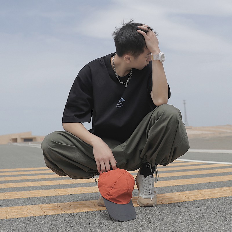 Áo thun nam tay lỡ cổ tròn form rộng streetwear phông unisex basic tee cotton teen oversize đen trắng giá rẻ NÚI LỬA