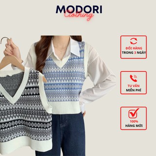 Áo gile len nữ , áo len không tay cổ chữ V họa tiết thổ cẩm phong cách Hàn Quốc đẹp