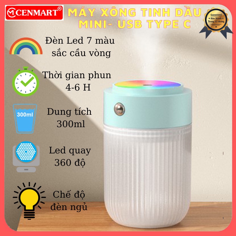 Máy phun xương tạo ẩm xông tinh dầu mini có đèn LED quay tròn 7 săc cầu vồng - Cho phòng ngủ - Mang lên ô tô
