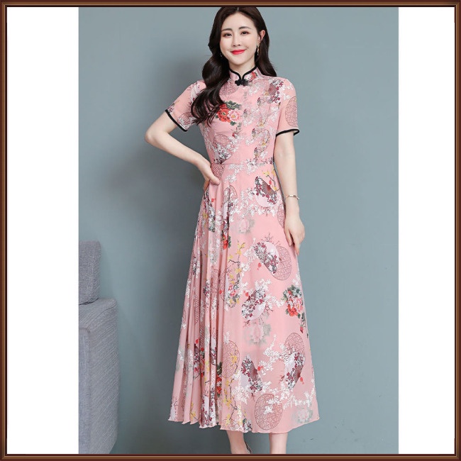 Đầm Sườn Xám Lưng Cao In Họa Tiết Hoa Phong Cách Trung Hoa Thời Trang Cho Phụ Nữ Trung Niên