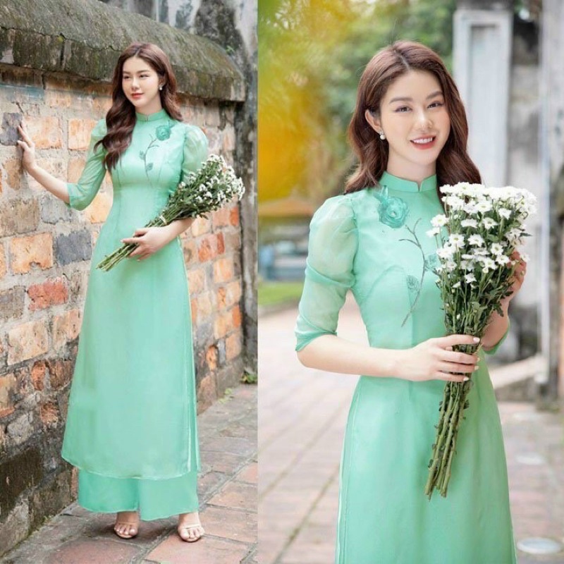 ÁO DÀI HOA THÊU CAO CẤP 4 TÀ CÓ 4 MÀU KÈM QUẦN CÙNG MÀU