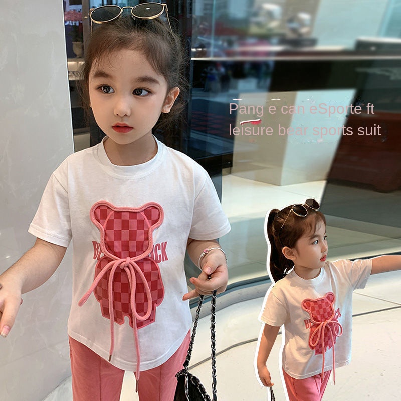 Bộ Áo Thun Ngắn Tay In Hoạt Hình + Quần Short Ống Loe Thời Trang Mùa Hè Cho Bé Gái