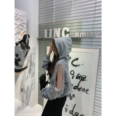 Áo Hoodie liền mũ ngắn màu đen Áo nữ dáng suông kiểu Hàn Quốc