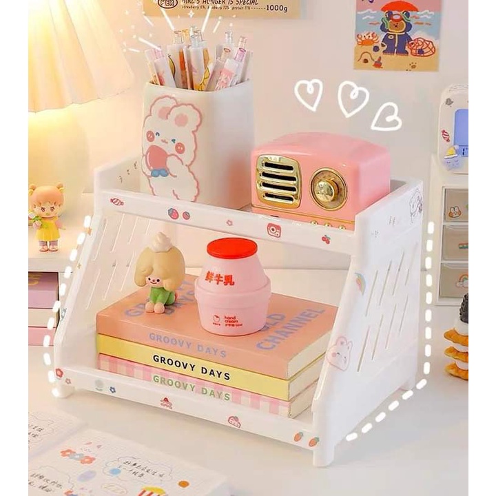 Kệ 2 tầng đựng đồ dùng học tập,trang trí bàn học thêm xinh hơn với kệ 2 tầng màu trắng siu đẹp luôn nha làm từ nhựa cứng