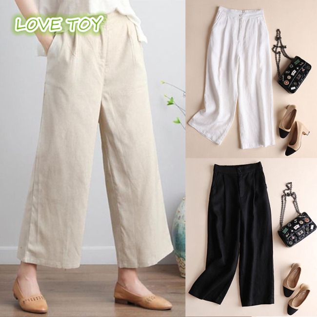 Women Fashion Cotton Linen Solid Color Thin Wide Leg Loose Ninth Pants | BigBuy360 - bigbuy360.vn