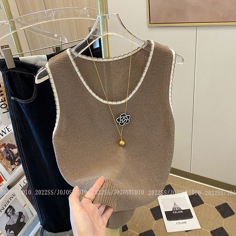 Áo Thun Dệt Kim Không Tay In Hình Hoa Trà Sang Trọng Độc Đáo Thời Trang Mùa Hè Mới Cho Nữ