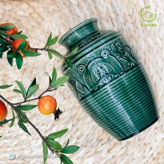 Bình gốm Bích Thủy chất liệu gốm sứ Bát Tràng cổ thon họa tiết hoa trống đồng Ghome BH20 BTTD450