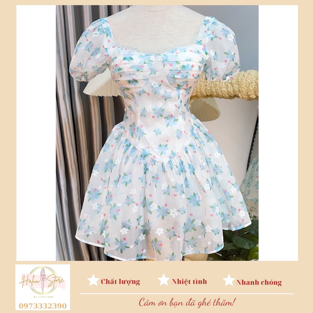 Đầm Hoa Xanh Cúp Ngực Cổ Vuông Dáng Ngắn Ht58 HaLuu Store