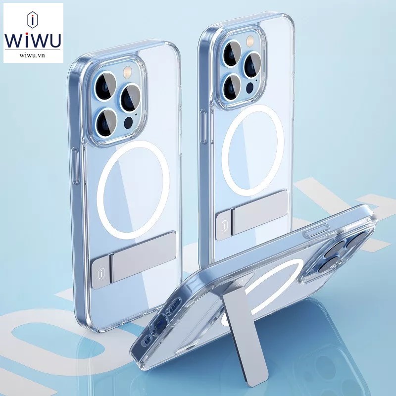 Ốp lưng trong suốt kèm giá đỡ WIWU Aurora Magnetics cho IPhone 15 Pro Max, 14 Pro Max chống ố, hỗ trợ sạc không dây