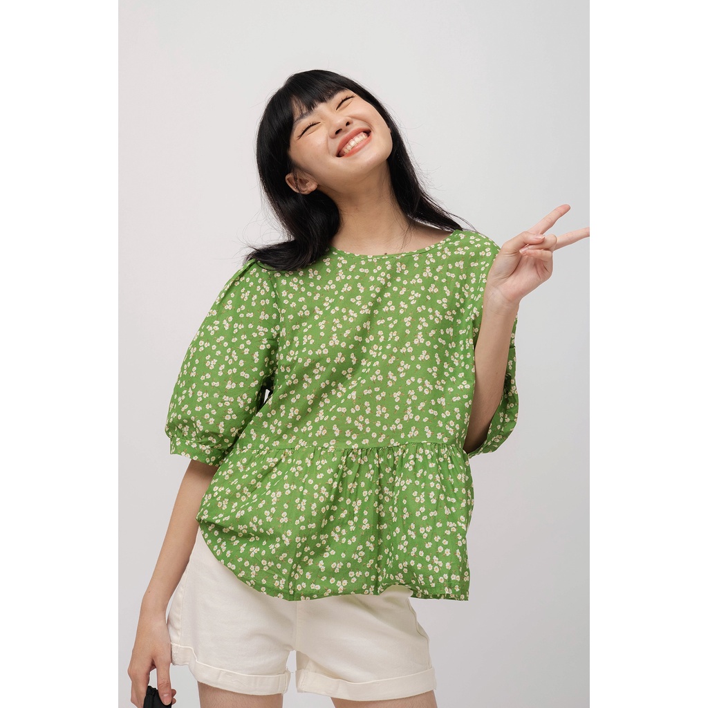 Áo kiểu tay phồng in hoa màu xanh lá LENCLOTHING 814400