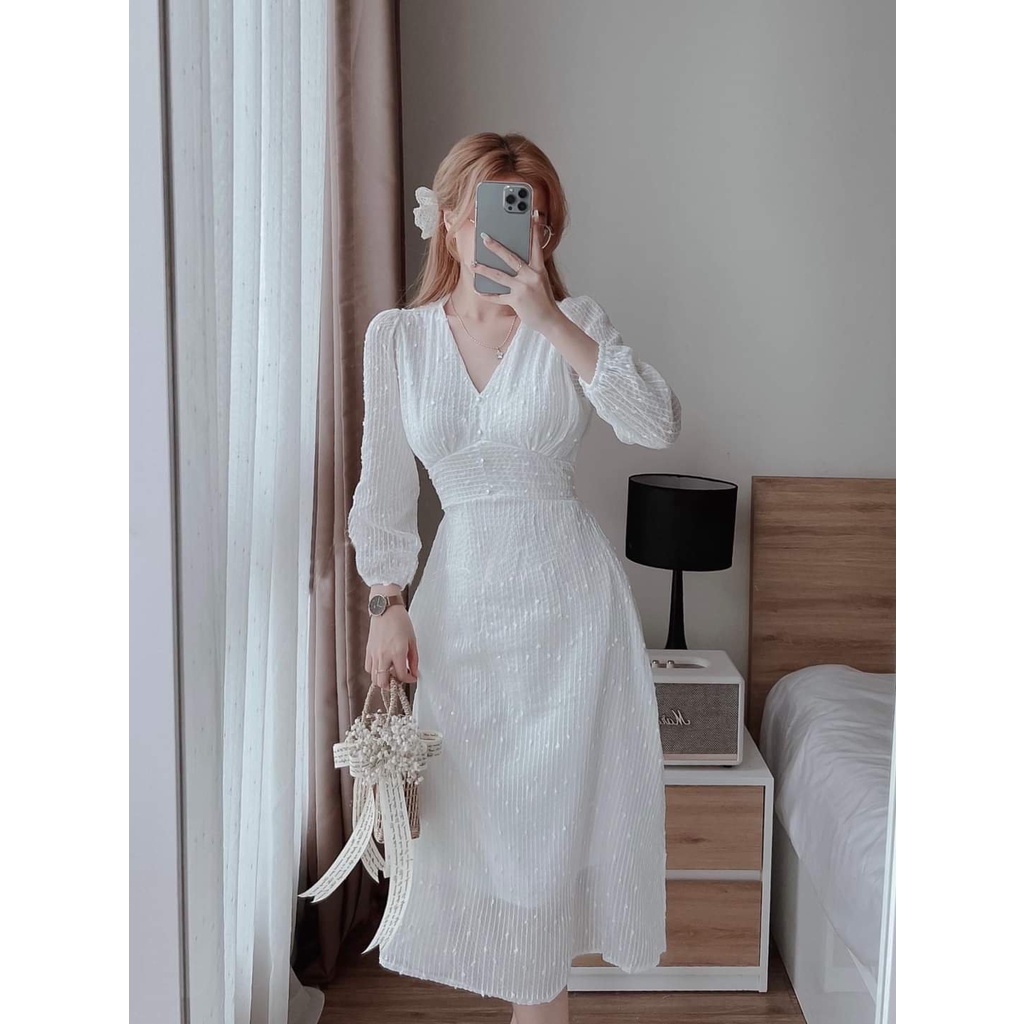 Đầm dự tiệc Đầm voan cổ V đính hạt 2 màu Trắng và Nude phù hợp mặc đi tiệc TANA D0505 | BigBuy360 - bigbuy360.vn