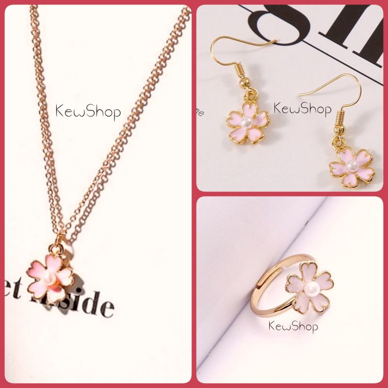 Bộ Trang Sức Hoa Anh Đào Đính Ngọc 🌸 Sakura Nhật Bản (Vòng Cổ+ Bông Tai+ Nhẫn)