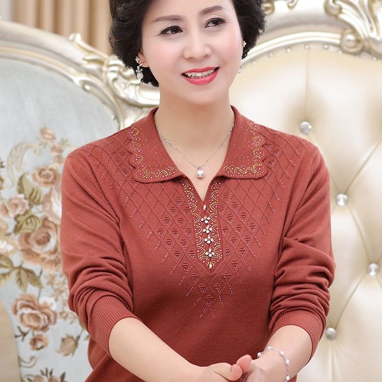 ▬۞☍Màu tinh khiết áo len của mẹ quần thu đông thun trung niên và cao tuổi ve phụ nữ đan sơ mi nhỏ Phong cách phương Tây