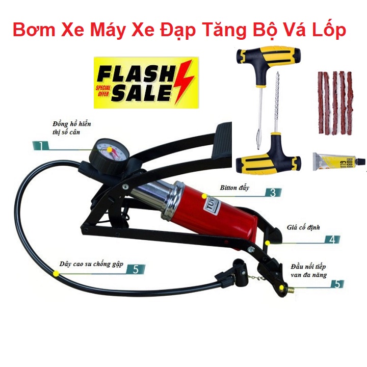 Bơm Lốp Xe Máy, ÔTÔ - Xe Đạp - Tặng Kèm Bộ Vá Lốp 5 Miếng Vá - Bơm Hơi Đạp Chân Mini Nhỏ Gọn Tiện Dụng