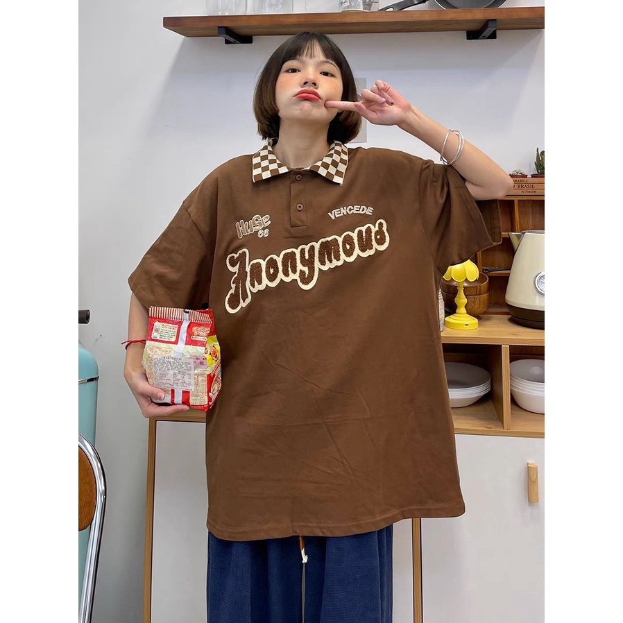 Áo thun Polo cổ bẻ Caro Boin thêu xù ANONY, Polo from rộng unisex vải thun da cá cao cấp 4 chiều - Gin Store