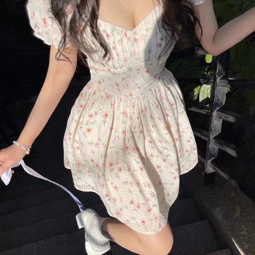 Đầm voan hoa cột dây cổ yếm thời trang xuân hè dành cho nữ 2022