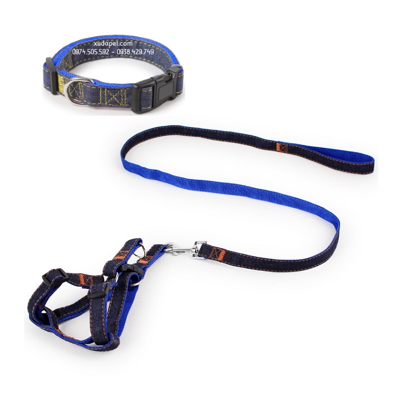 Combo Dây Dắt và Vòng Cổ Jean Chất Dù Chắc Chắn Cho Chó Mèo Xudapet  - DDY00002