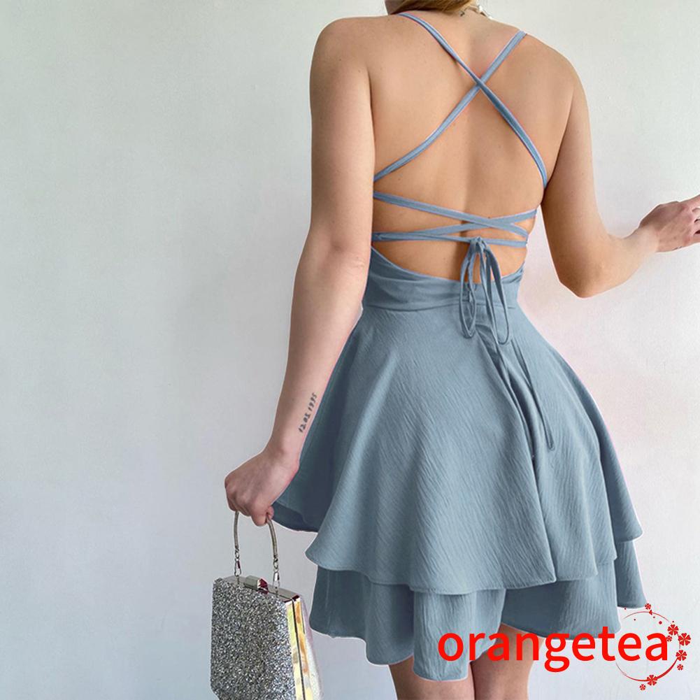 Bộ Áo Liền Quần Hai Dây Hở Lưng Màu Trơn Thời Trang Dành Cho Nữ