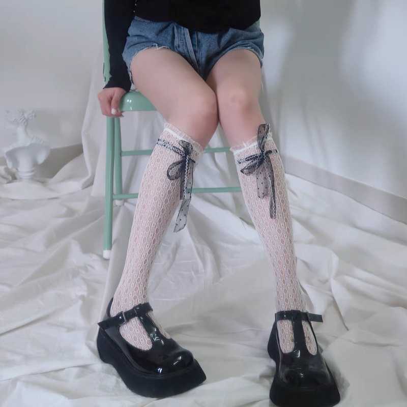 Tất dài đến đầu gối trang trí nơ ruy băng phong cách harajuku ngọt ngào xinh xắn cho nữ