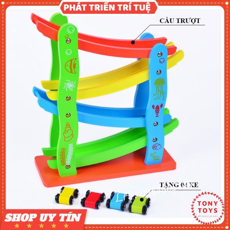 Đồ chơi xe cầu tuột 4 tầng bằng gỗ- đồ chơi trí tuệ an toàn cho bé