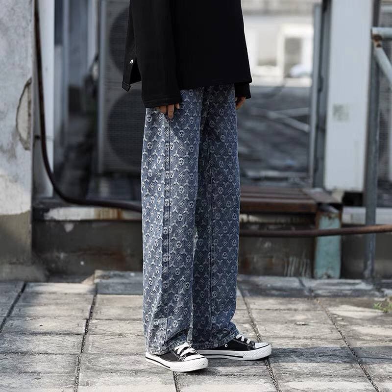 Quần jeans nam cạp cao ống rộng bigsize MALTRIK in họa tiết LV phong cách Hàn Quốc Size lớn đến 90kg