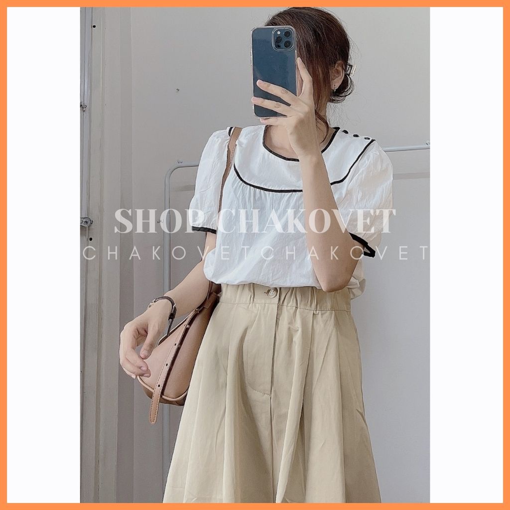 Áo babydoll cổ tròn viền đen ba cúc bấm đen vai lạ mắt cka823, kiểu áo nữ cộc tay