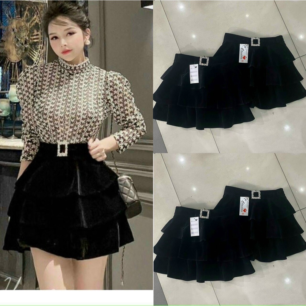 Chân váy xòe xếp ly nhung mác đá siêu sang