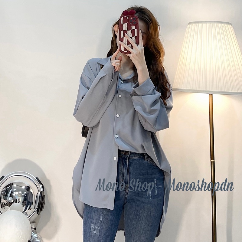 Áo sơ mi phom rộng lệch tà chất đẹp nút trắng Ảnh thật/ sẵn