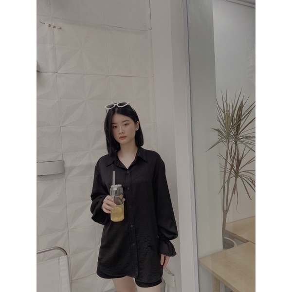 Áo sơ mi hở lưng form rộng tay ống loe, Sơ mi form rộng khoét lưng 3 màu trắng, đen, hồng sen size S M L