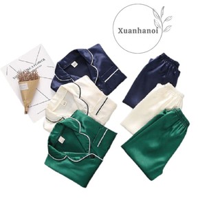 Bộ ngủ lụa dài tay cho bé,bộ mặc nhà,Bộ Pijama satin lụa bo viền cho bé trai bé gái hàng chuẩn xịn XHN692
