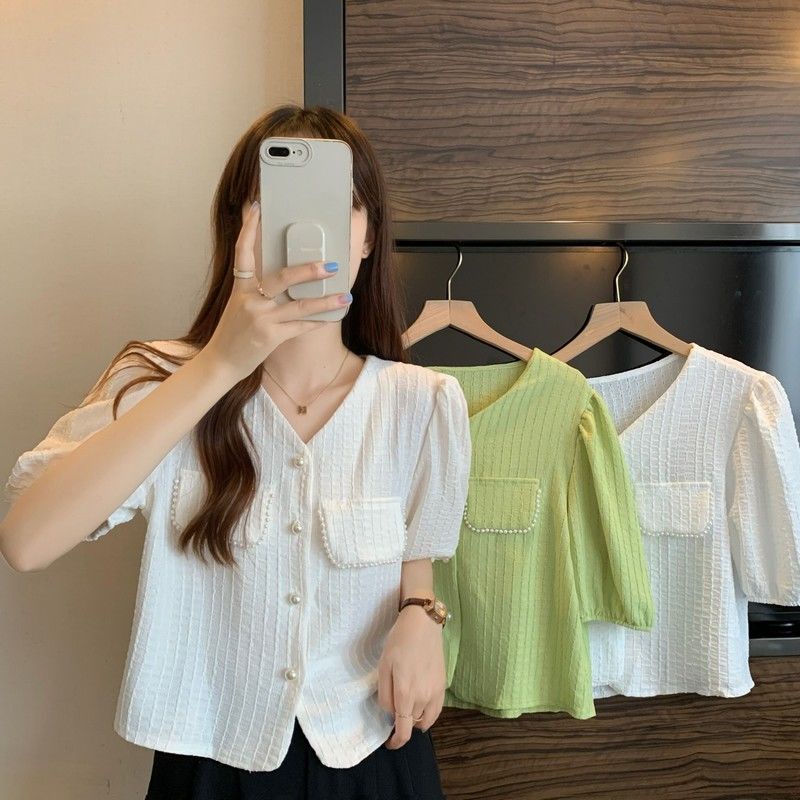 Áo Sơ Mi Ngắn Tay Cổ Chữ V Đính Ngọc Trai Thời Trang Mùa Hè Mới