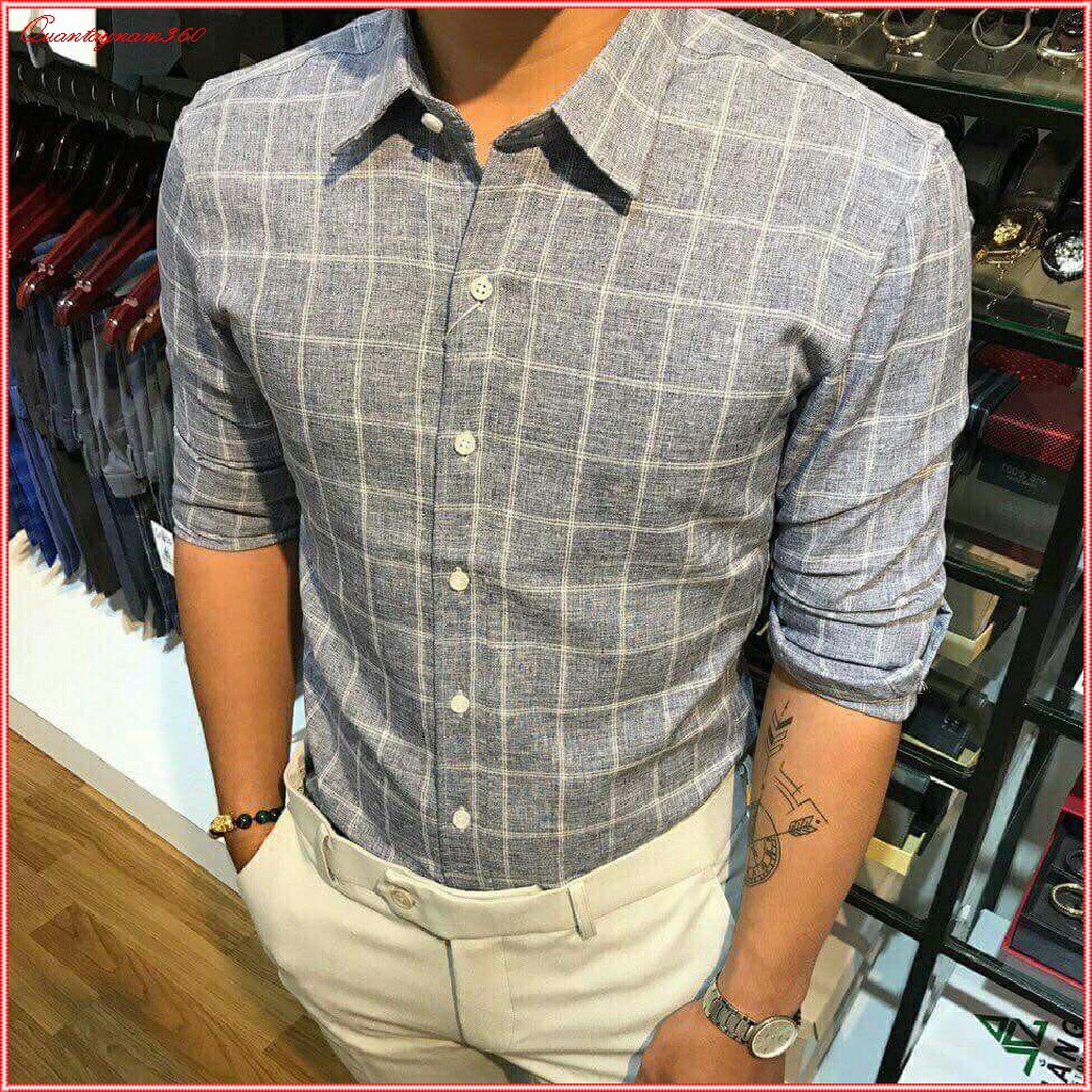 Sơ mi công sở  dài tay, Sơ mi nam chất đũi dày dặn họa tiết kẻ ca rô | BigBuy360 - bigbuy360.vn