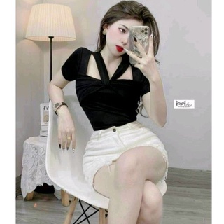 Áo thun Croptop chéo eo ( kèm ảnh thật )