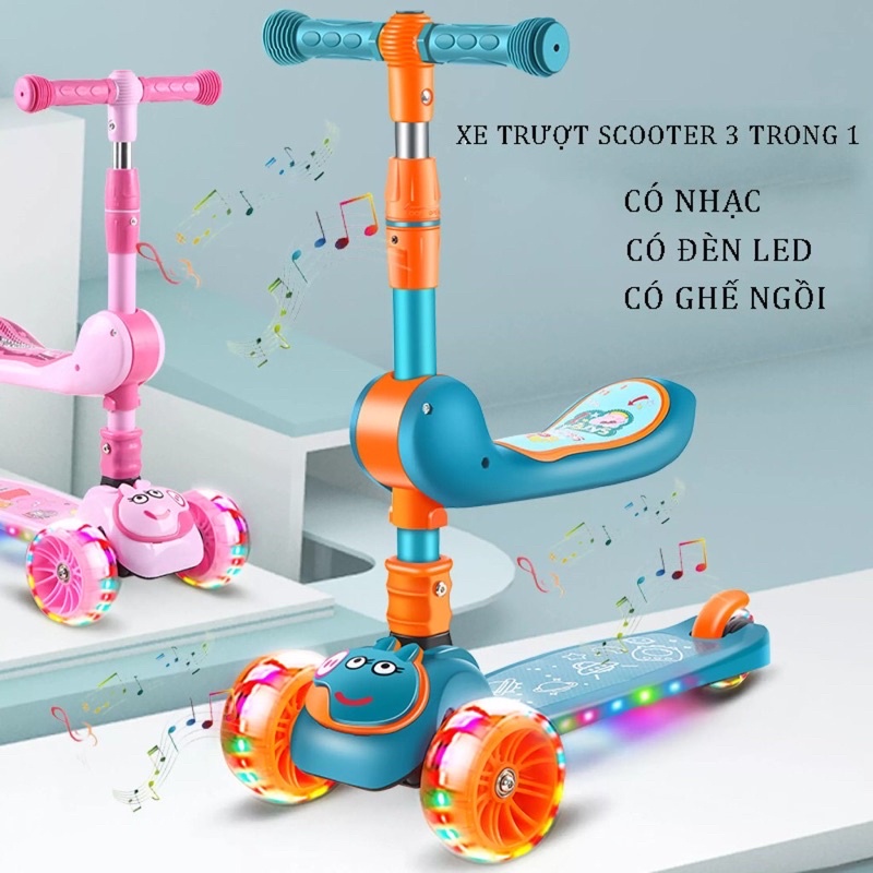 Xe trượt Scoter 3 bánh đa năng có đèn led phát sáng, có nhạc và ghế ngồi cho trẻ em - Xe thăng bằng có nhạc dành cho bé