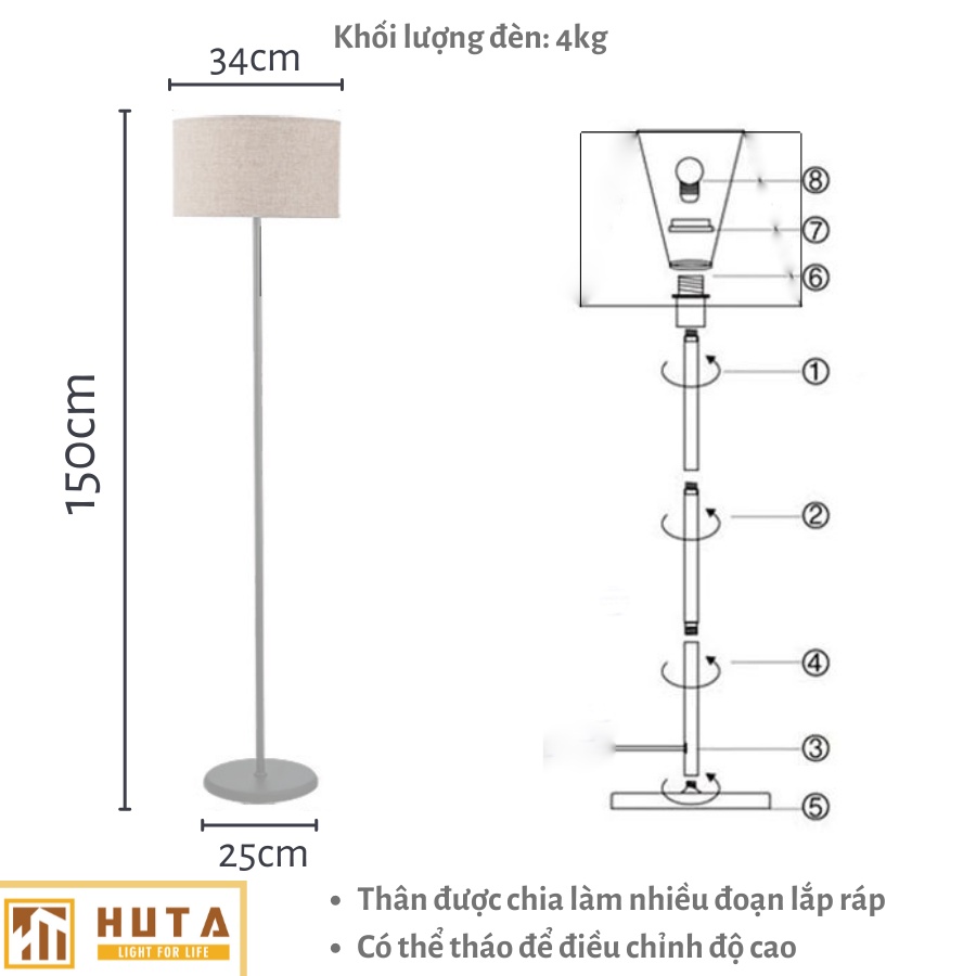 Đèn Cây Đứng Phòng Khách, Phòng Ngủ, Dùng Làm Đèn Sàn Trang Trí Nội Thất, Bóng Led Ánh Sáng Vàng, Chao Vải, Mã D4– HUTA