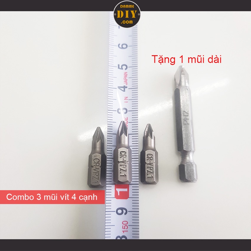 Combo 3 mũi bắn vít 4 cạnh ngắn tặng kèm mũi dài