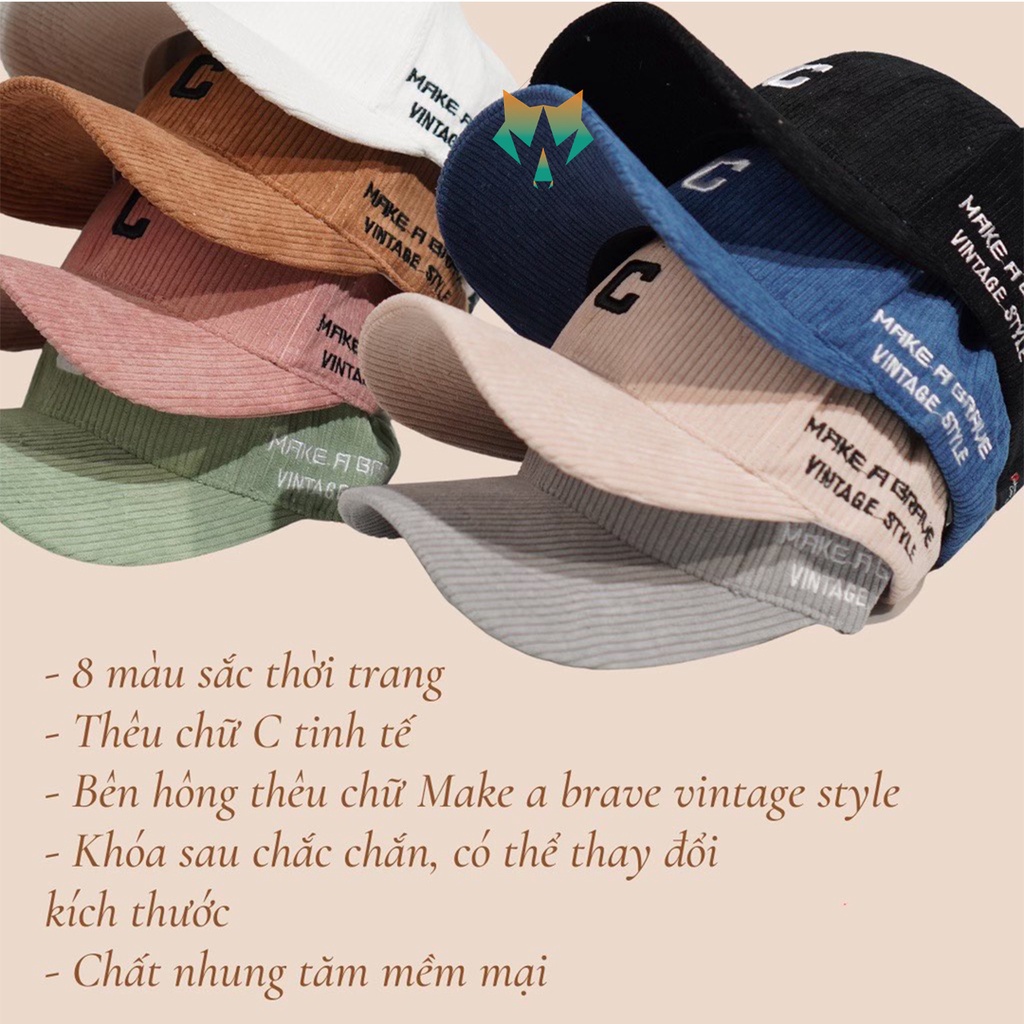 Mũ Lưỡi Trai Nón Kết Nhung Kaki Cao Cấp Thêu Chữ C Vintage Style 416 Phong Cách Ulzzang Form Unisex Nam Nữ - Hazo
