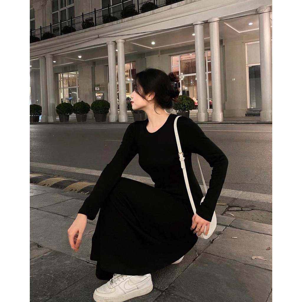 Váy nữ ôm body dài tay chiết eo chất bozip len tăm Đầm trơn basic cổ tròn dáng dài sang chảnh sexy quyến rũ màu đen xám