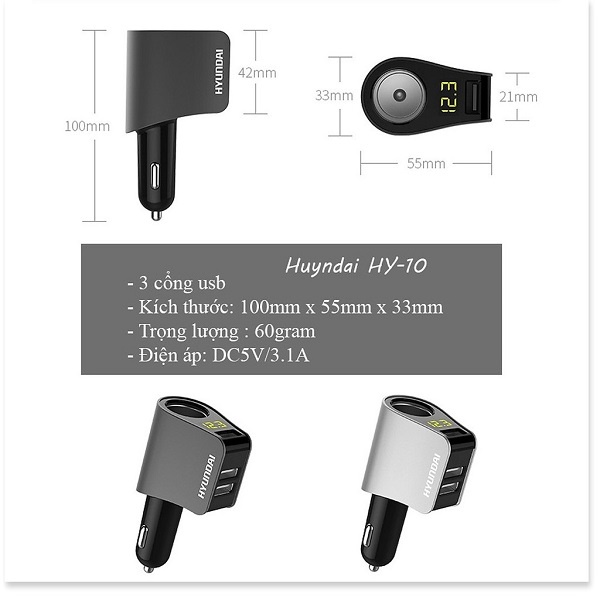 Tẩu Sạc Ô tô, Xe Hơi Hyundai 1 Tẩu Tròn (3 cổng USB) - Có Đèn Led Báo