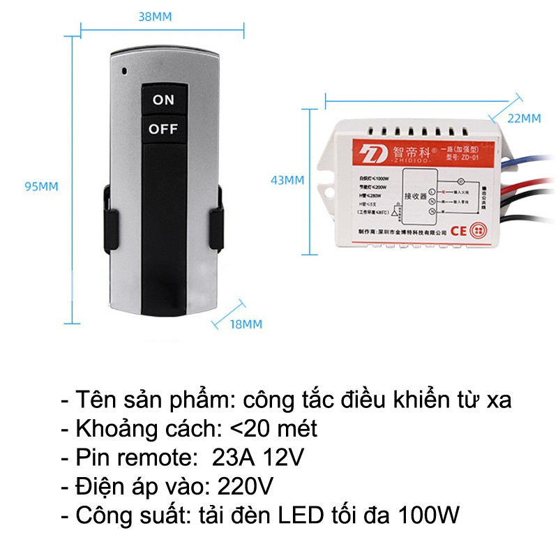 Công tắc Bật Tắt Đèn từ xa tới 20 mét Có Remote siêu nhạy tiện dụng ZD01