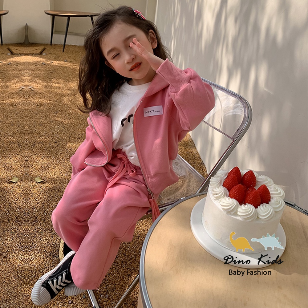 Bộ thu đông bé gái, set bộ áo mũ kéo khóa ống bo gấu kiểu dáng thể thao chất nỉ da cá dày dặn cho bé